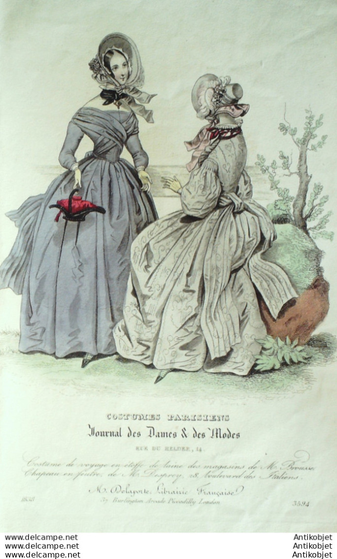 Gravure De Mode Costume Parisien 1838 N°3594 Costume De Voyage En étoffe  - Eaux-fortes