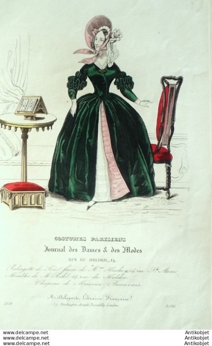 Gravure De Mode Costume Parisien 1838 N°3596 Redingote En Gros De Naples - Eaux-fortes