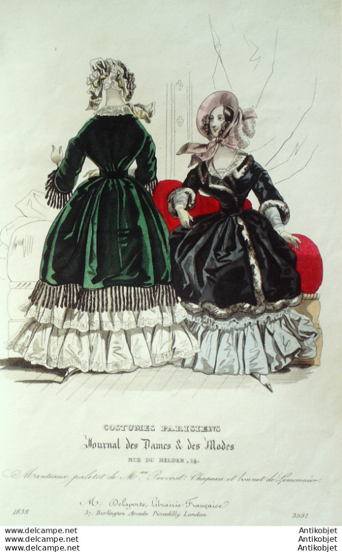 Gravure De Mode Costume Parisien 1838 N°3597 Manteaux & Paletot Chapeaux - Etsen