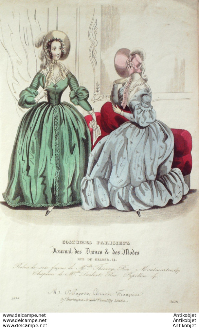 Gravure De Mode Costume Parisien 1838 N°3601 Robes De Soie  Chapeaux - Etchings