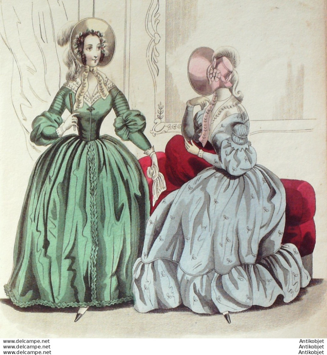 Gravure De Mode Costume Parisien 1838 N°3601 Robes De Soie  Chapeaux - Etchings