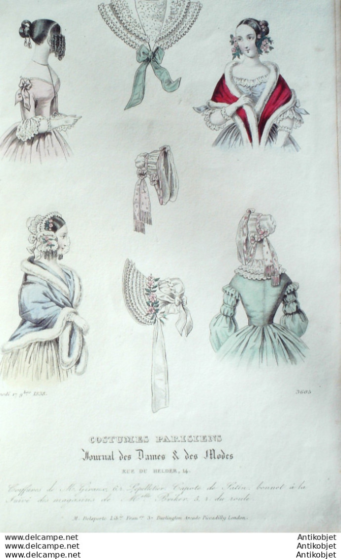 Gravure De Mode Costume Parisien 1838 N°3605 Capote Satin Bonnet à La Juive - Etchings