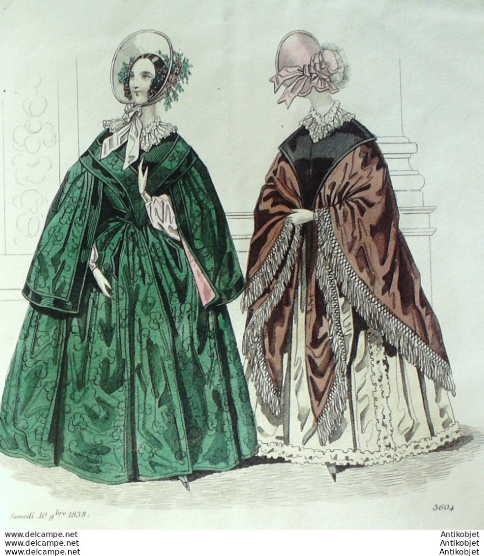 Gravure De Mode Costume Parisien 1838 N°3604 Manteau Et Mantille Mantelets - Etchings