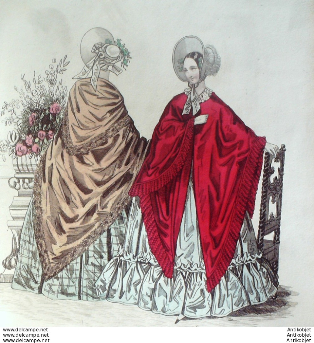 Gravure De Mode Costume Parisien 1838 N°3606 Mantelets Russes Robe Mousseline - Etchings
