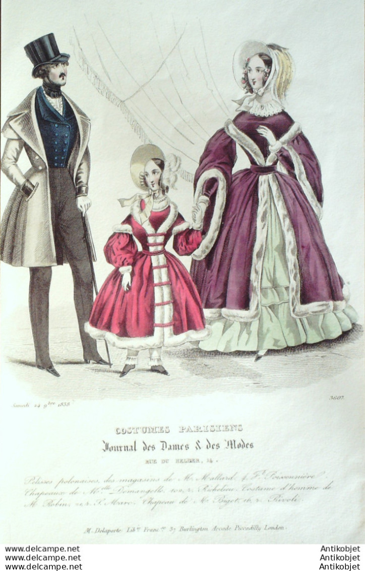 Gravure De Mode Costume Parisien 1838 N°3607 Pelisses Polonaises  - Eaux-fortes