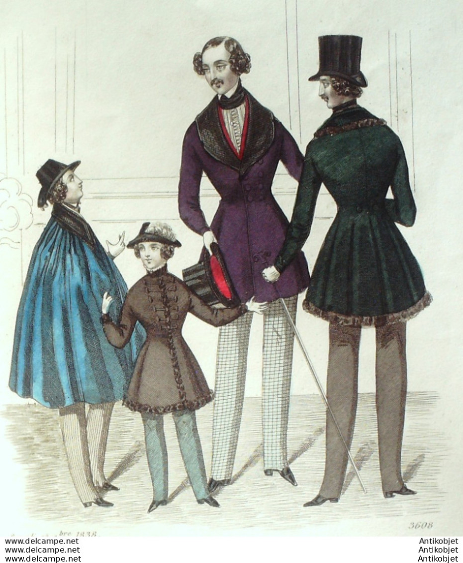 Gravure De Mode Costume Parisien 1838 N°3608 Costumes Homme Gilets Velours  - Eaux-fortes