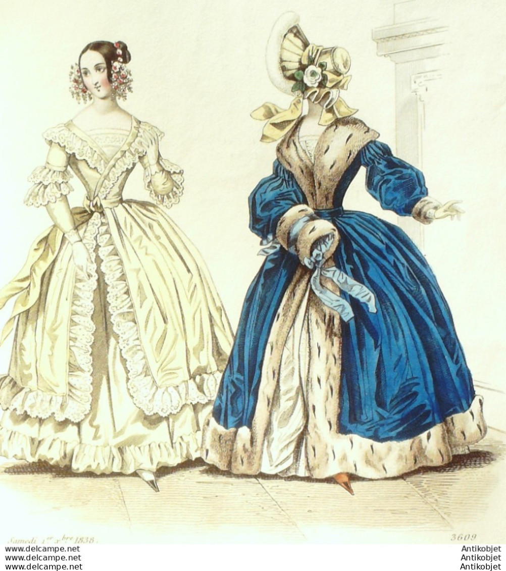 Gravure De Mode Costume Parisien 1838 N°3609 Robes Popeline & Perkale - Etsen