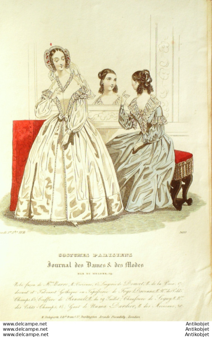 Gravure De Mode Costume Parisien 1838 N°3610 Robes Mousseline Brochées - Etsen