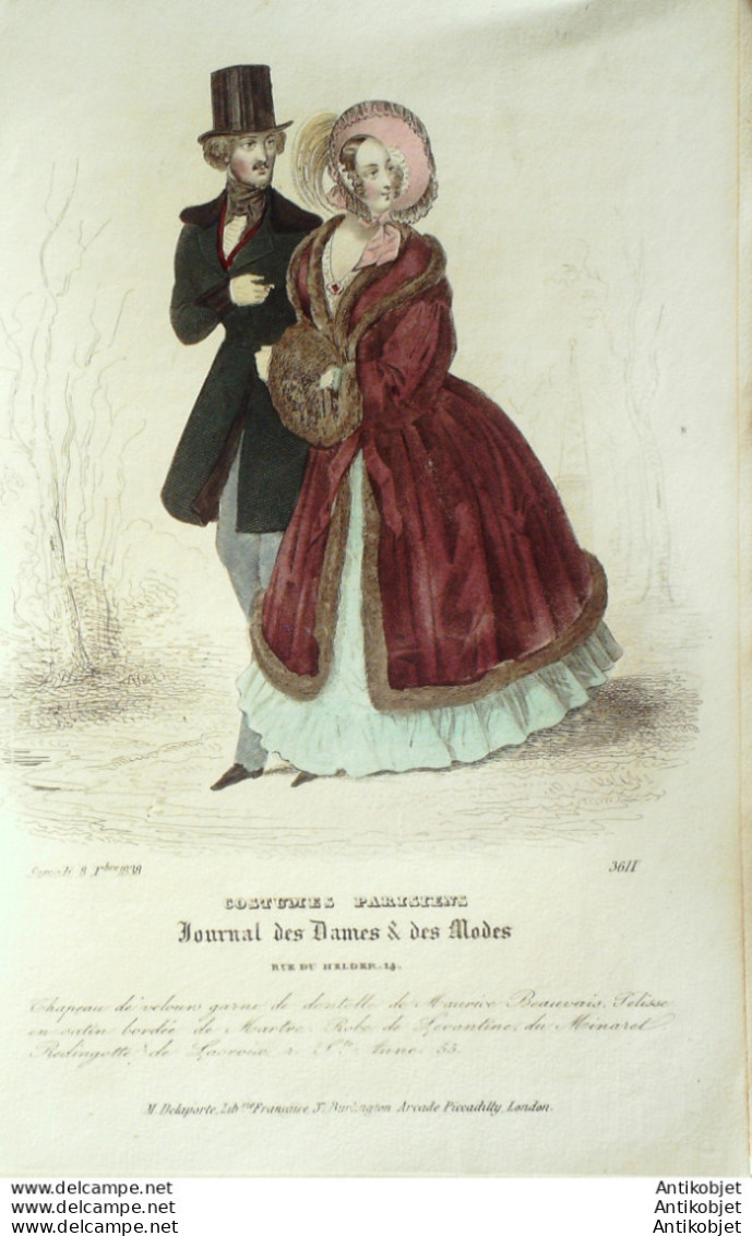 Gravure De Mode Costume Parisien 1838 N°3611 Pelisse En Satin Robe Lévantine - Eaux-fortes