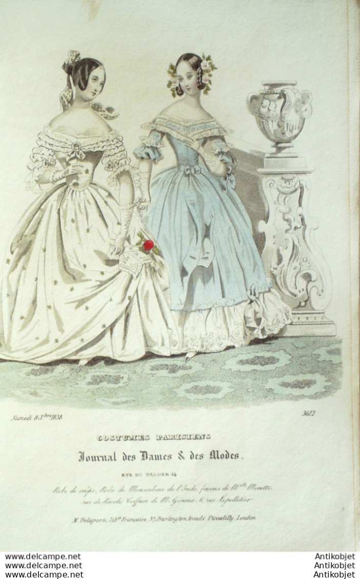 Gravure De Mode Costume Parisien 1838 N°3612 Robes De Crêpe Et Mousseline - Radierungen