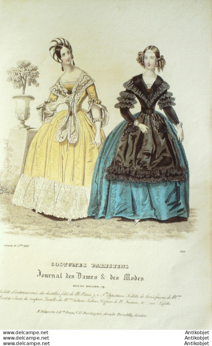 Gravure De Mode Costume Parisien 1838 N°3613 Robes Mousseline - Etsen