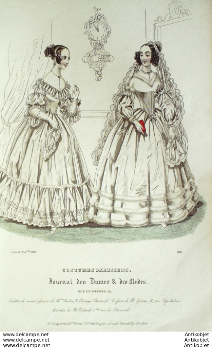 Gravure De Mode Costume Parisien 1838 N°3614 Robes De Mariée Ornée De Dentelle - Etsen