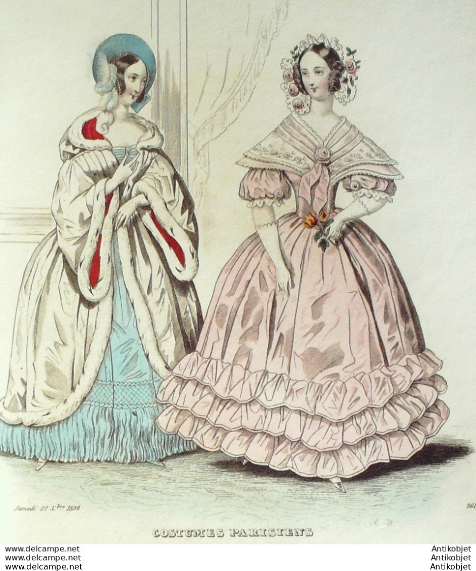 Gravure De Mode Costume Parisien 1838 N°3615 Robes De Moire Et Satin  - Eaux-fortes