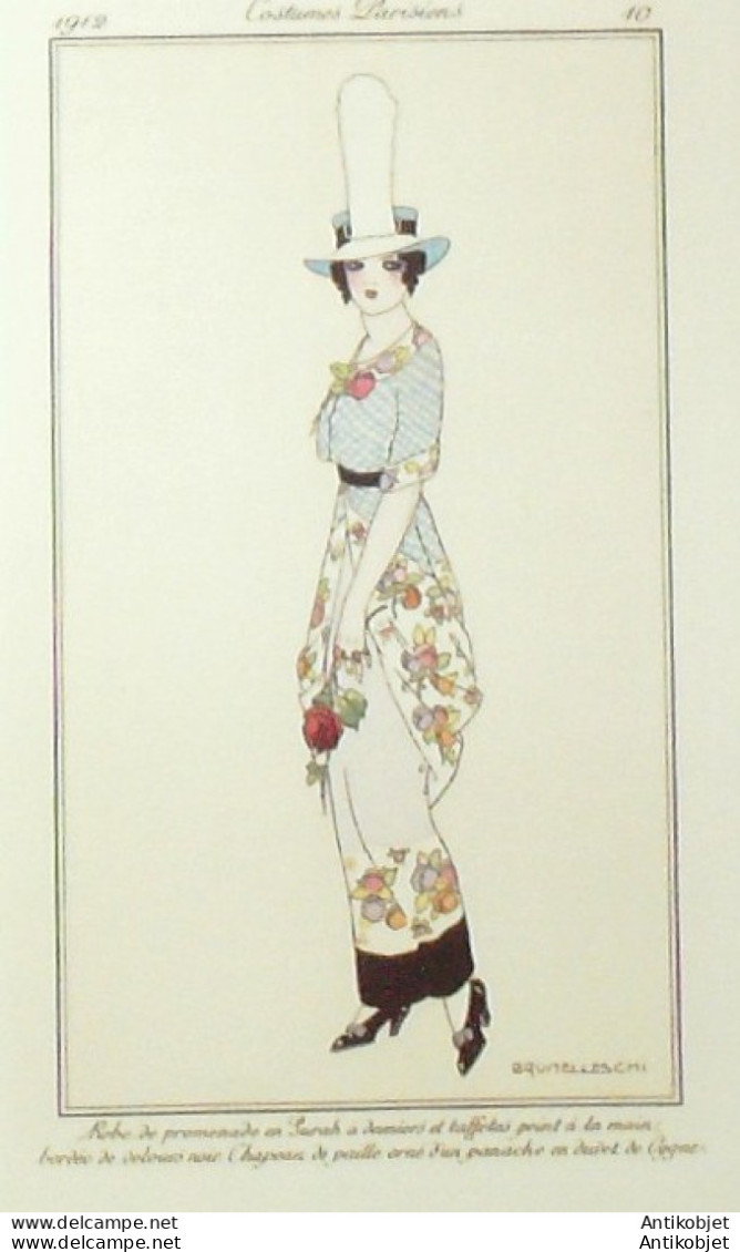 Gravure De Mode Costume Parisien 1912 Pl.10 BRUNELLESCHI Umberto Robe Sarah - Etsen