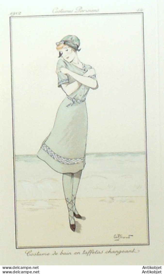 Gravure De Mode Costume Parisien 1912 Pl.14 PECOUD André-Costume De Bain - Eaux-fortes
