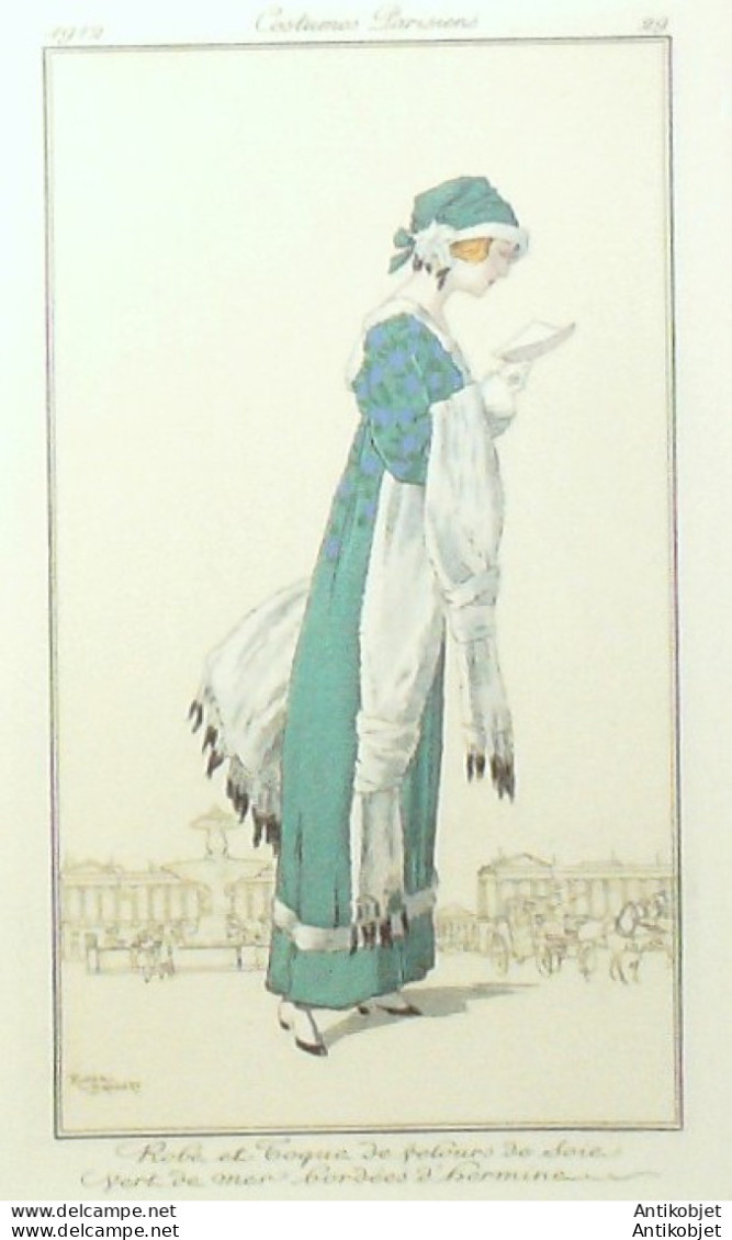 Gravure De Mode Costume Parisien 1912 Pl.29 BRODERS Roger Robe De Toque - Radierungen