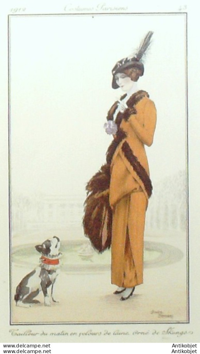Gravure De Mode Costume Parisien 1912 Pl.43 BRODERS Roger Tailleur Velours - Radierungen
