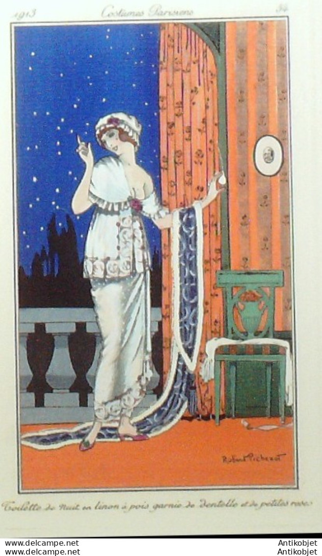 Gravure De Mode Costume Parisien 1913 Pl.054 PICHENOT Robert Toilette De Linon - Radierungen