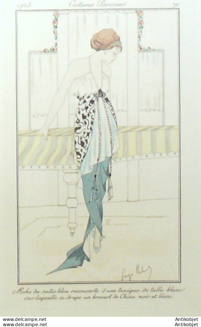 Gravure De Mode Costume Parisien 1913 Pl.070 ROBERT Georges Robe De Satin - Radierungen