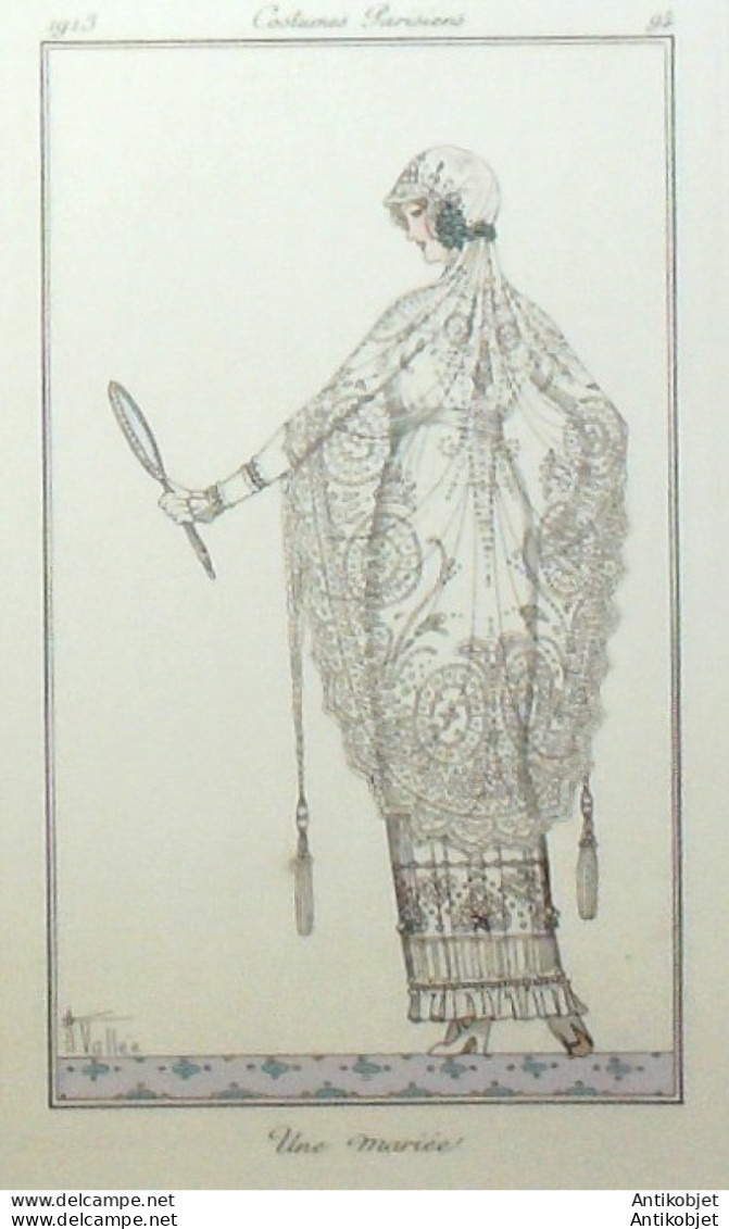 Gravure De Mode Costume Parisien 1913 Pl.094 VALLEE Armand Robe De Mariée - Radierungen