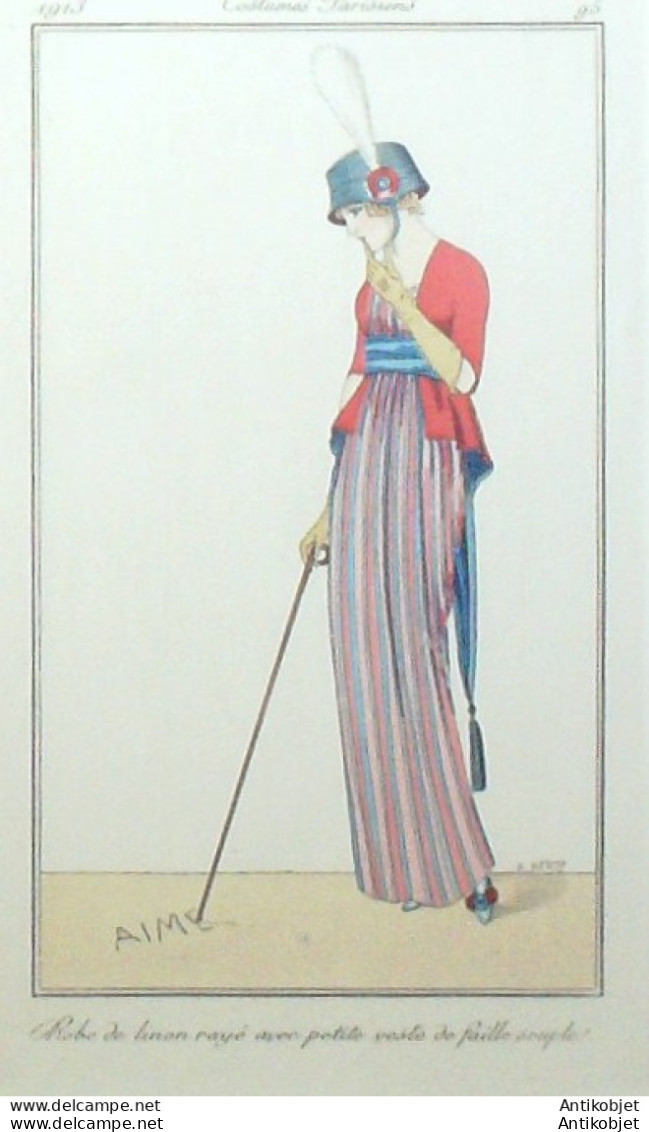 Gravure De Mode Costume Parisien 1913 Pl.095 BETTY B Robe De Linon - Radierungen
