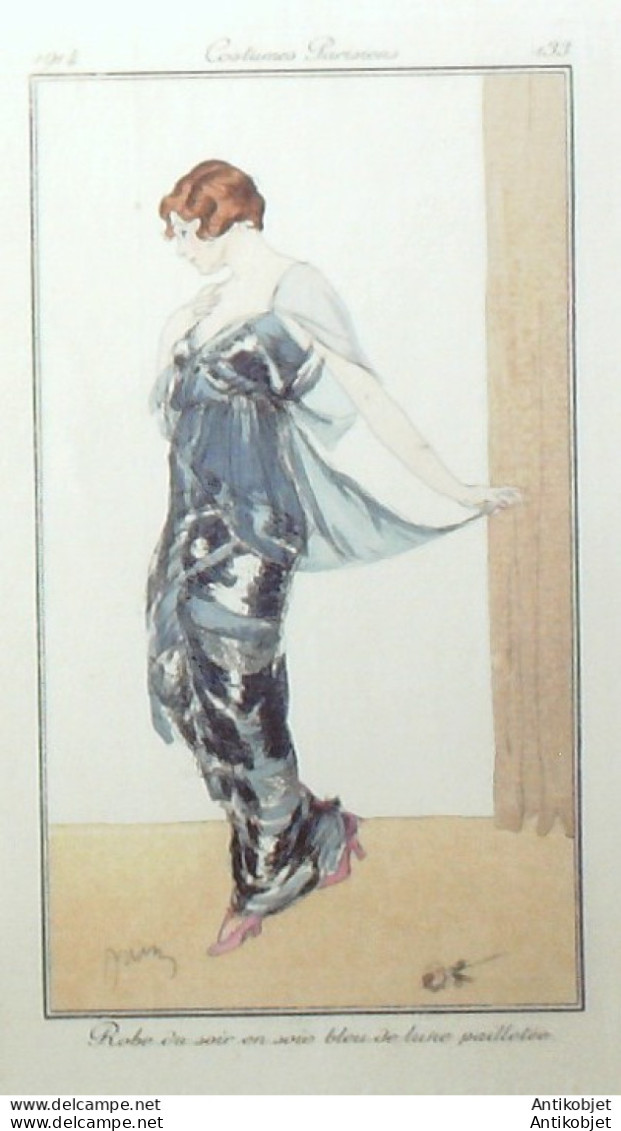 Gravure De Mode Costume Parisien 1914 Pl.133 DRIAN Etienne Robe En Soie - Eaux-fortes