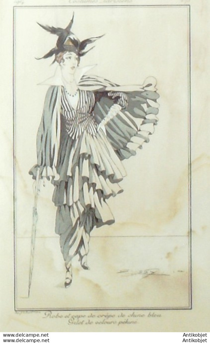 Gravure De Mode Costume Parisien 1914 Pl.175b BUSSY-Robe Et Cape De Crêpe - Radierungen