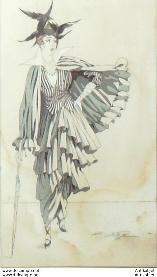 Gravure De Mode Costume Parisien 1914 Pl.175b BUSSY-Robe Et Cape De Crêpe - Etchings