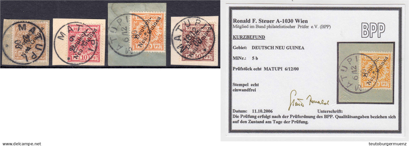 3 Pf., 10 Pf., 25 Pf. Und 50 Pf. Freimarken 1897, Je Sauber Entwertet Auf Briefstück Mit Dem Stempel ,,MATUPI", Die 3 Pf - Deutsch-Neuguinea