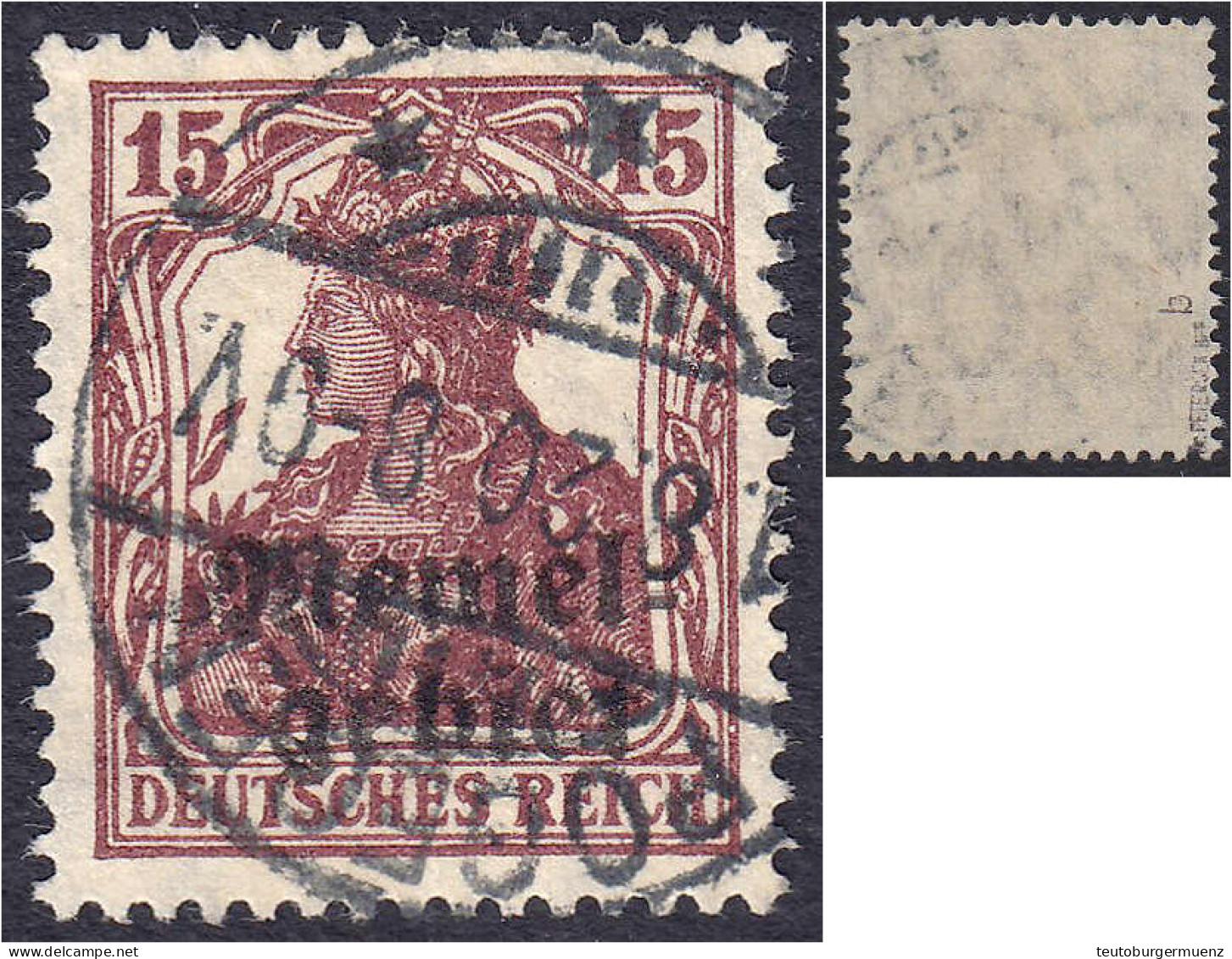 15 Pf. Freimarke 1920, Gestempelt, Farbe ,,b" (dunkelbraunpurpur), Geprüft Dr. Petersen BPP. Mi. 200,-€ Michel 3 X B. - Memel (Klaipeda) 1923