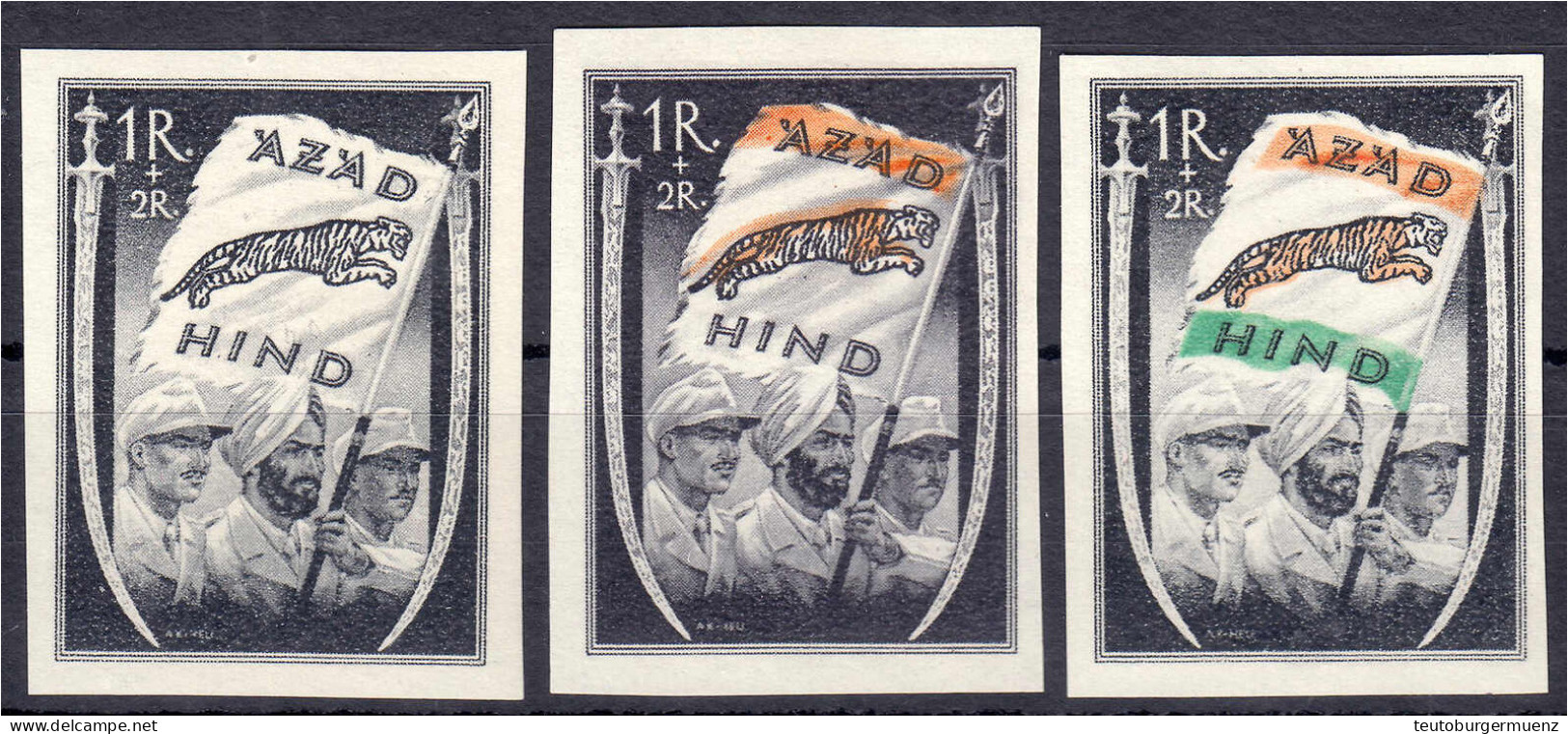 1 R - 2 R Azad Hind 1943, Drei Werte In Postfrischer Erhaltung, Schwarz, Schwarz/orange Und Schwarz/orange/smaragdgrün.  - Autres & Non Classés