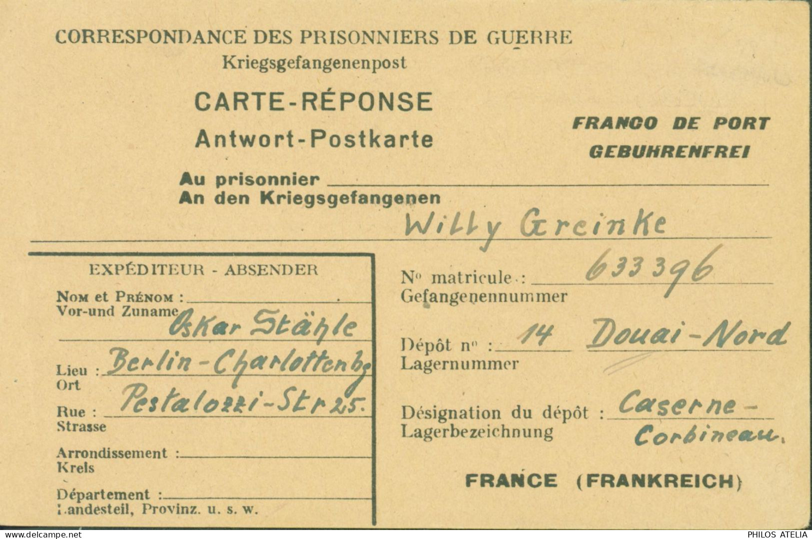 Guerre 40 Carte Réponse FM Pour Prisonnier De Guerre Allemand à Douai Nord Caserne Corbineau - Guerra Del 1939-45
