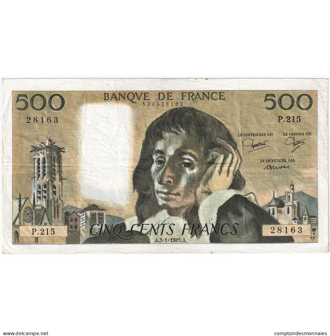 France, 500 Francs, Pascal, 1985, P.215, TTB, Fayette:71.32, KM:156e - 500 F 1968-1993 ''Pascal''