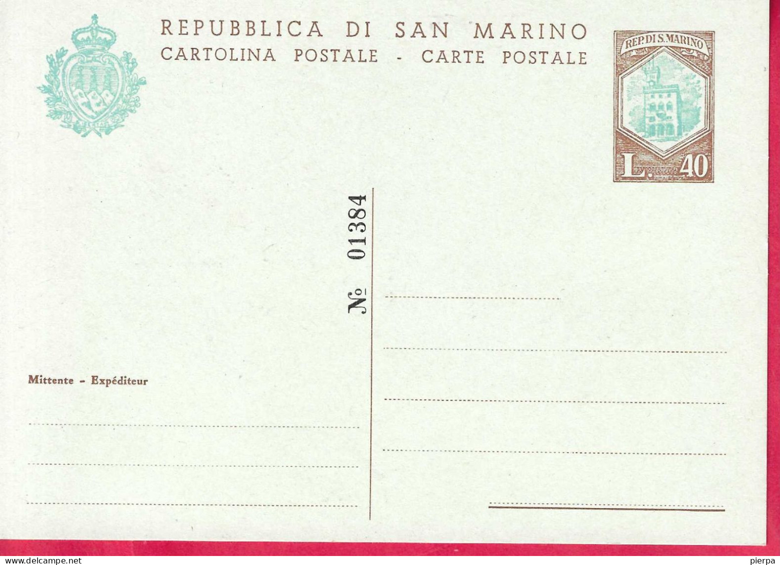 SAN MARINO - INTERO CARTOLINA POSTALE PALAZZO CONSIGLIARE LIRE 40 NUMERATA (INT. 33A) - NUOVA - Postal Stationery