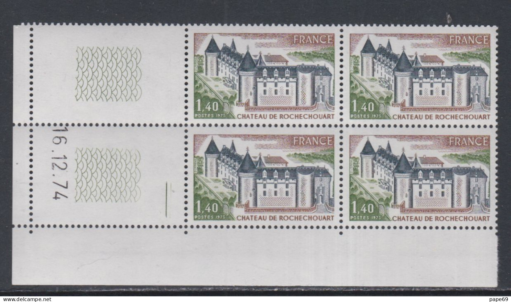 France N° 1809 XX Château De Rochechouart En Bloc De 4 Coin Daté Du 16 . 12 . 74 ; 1 Trait, Sans Charnière, TB - 1970-1979
