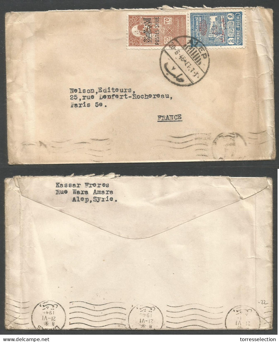 SYRIA. 1946 (20 June) Alep - France, Paris. Fkd Envelope Ovptd Issue / Reverse Stamps, Bilingual Cds. XF. - Syrien
