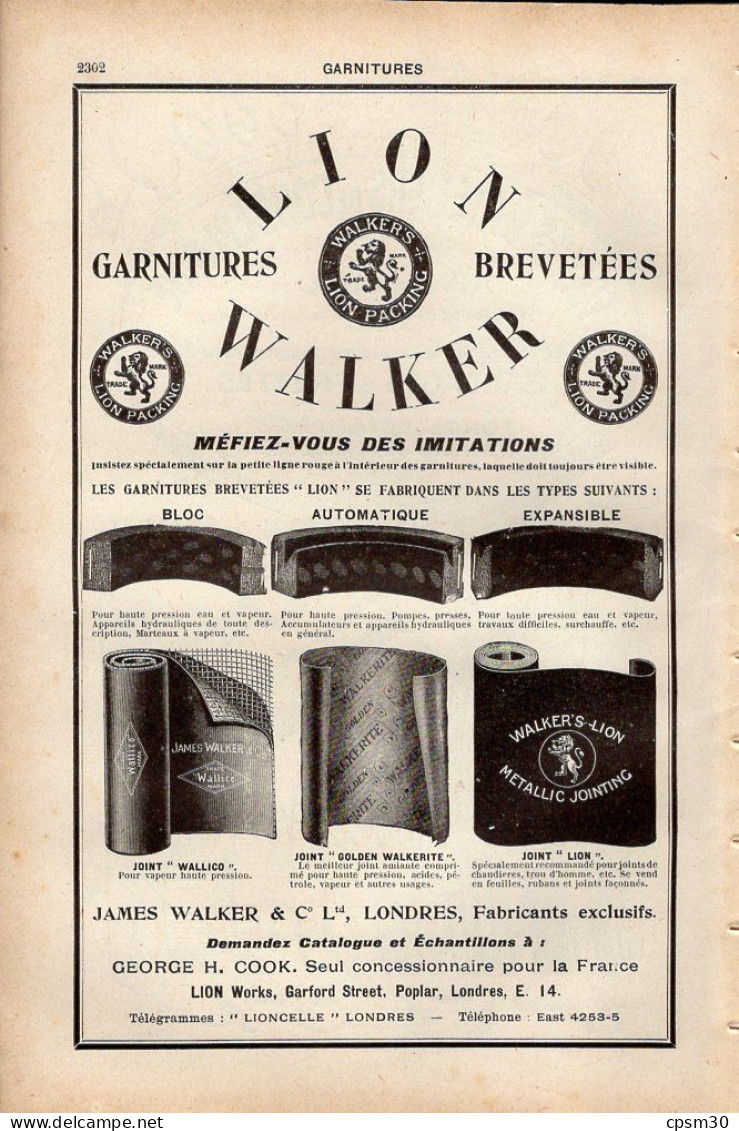 PUB 1921 - Forge & Atelier De Combeplaine 42 Rive De Gier, Garniture Caoutchouc Walker Londres - Pubblicitari