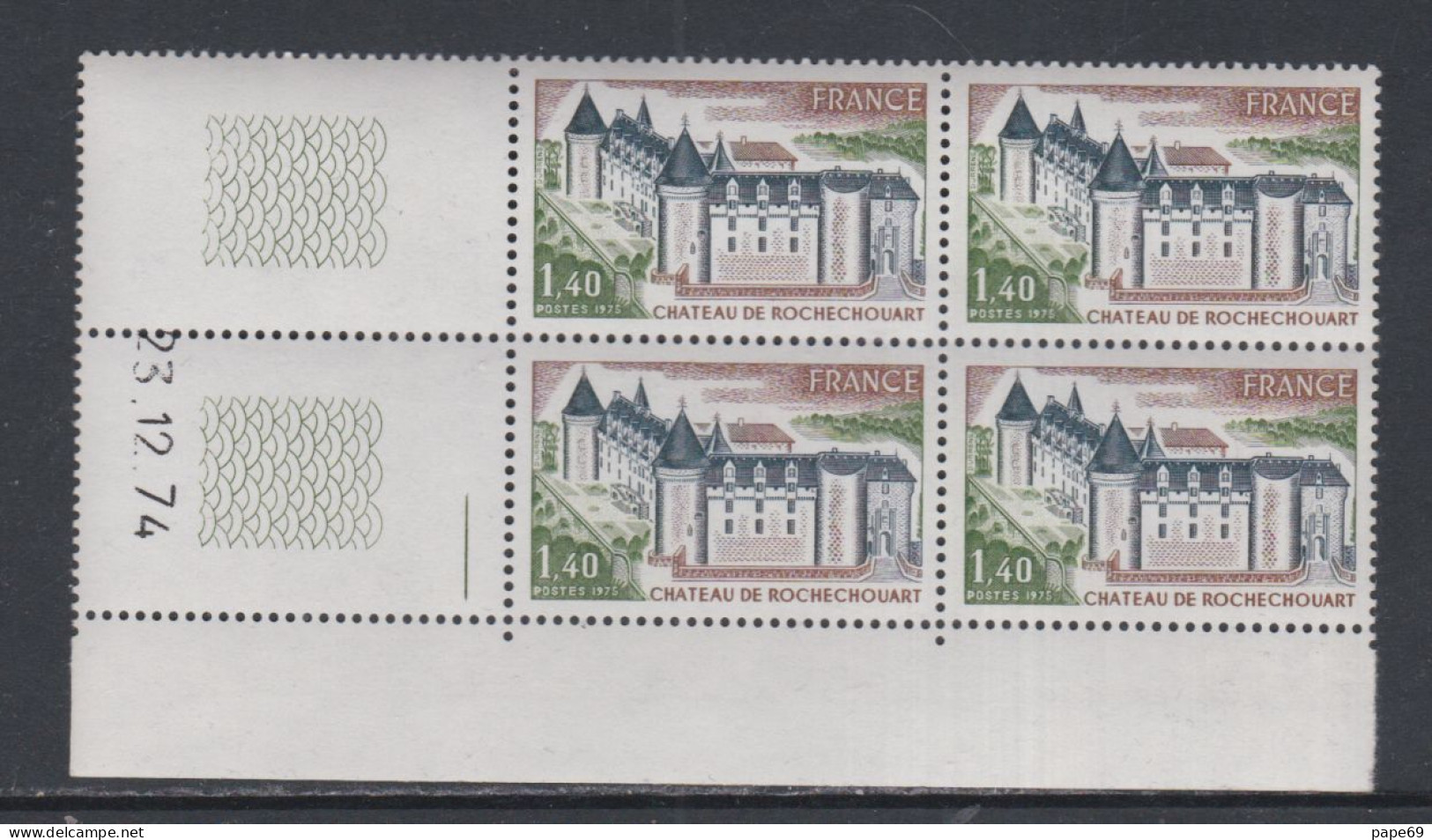 France N° 1809 XX Château De Rochechouart En Bloc De 4 Coin Daté Du 23 . 12 . 74 ; 1 Trait, Sans Charnière, TB - 1970-1979