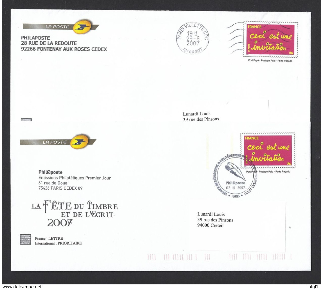 FRANCE 2005. PAP Y&T Type (n°3760) " La Fête Du Timbre Et De L' Ecrit 2007 " Sur 2 Enveloppes. LA POSTE Phil@poste. TB. - Pseudo-entiers Officiels