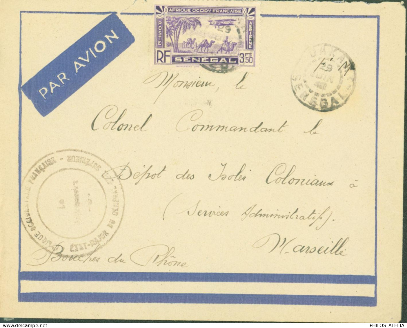 Par Avion Lettre FM + Surtaxe Aérienne YT AOF Sénégal Poste Aérienne N° 7 CAD Dakar 29 6 40 Cachet Etat Major Général - Airmail