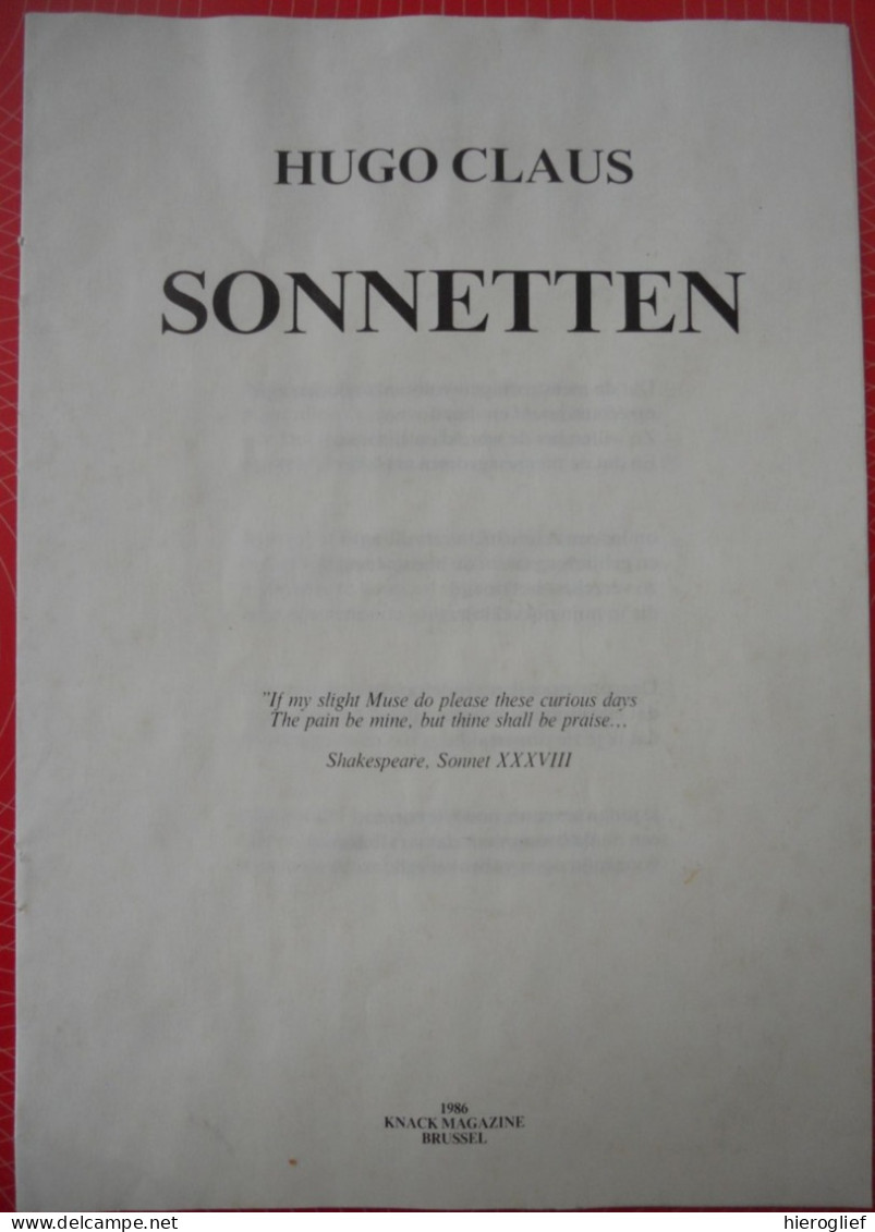 SONNETTEN - Door Hugo Claus - 1986 - Poetry