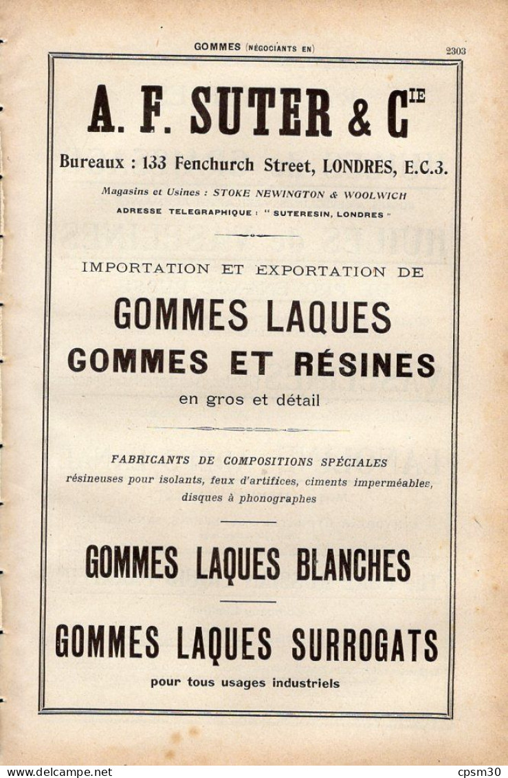 PUB 1921 - Gommes Laques & Résines (disque Phono) AF Suter Londres, Raffinerie Huiles Graissage Vaselines Jasmin - Pubblicitari