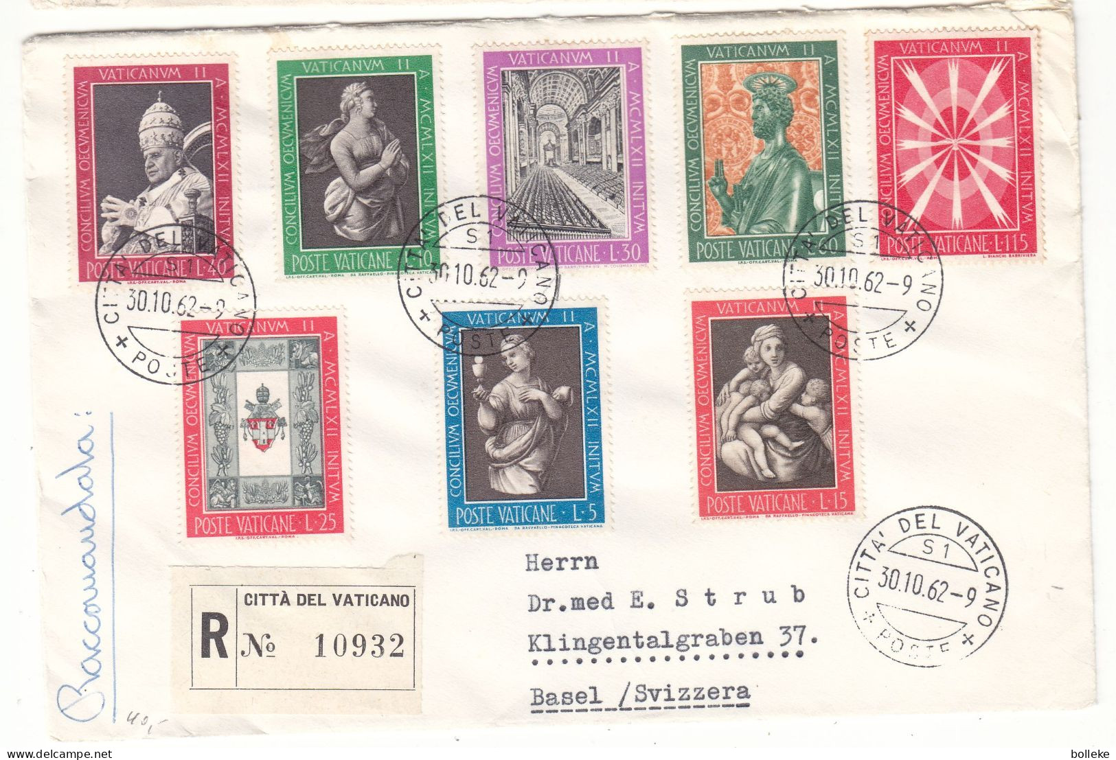 Vatican - Lettre Recom De 1962 - Oblit Citta Del Vaticano - Exp Vers Basel - - Cartas & Documentos