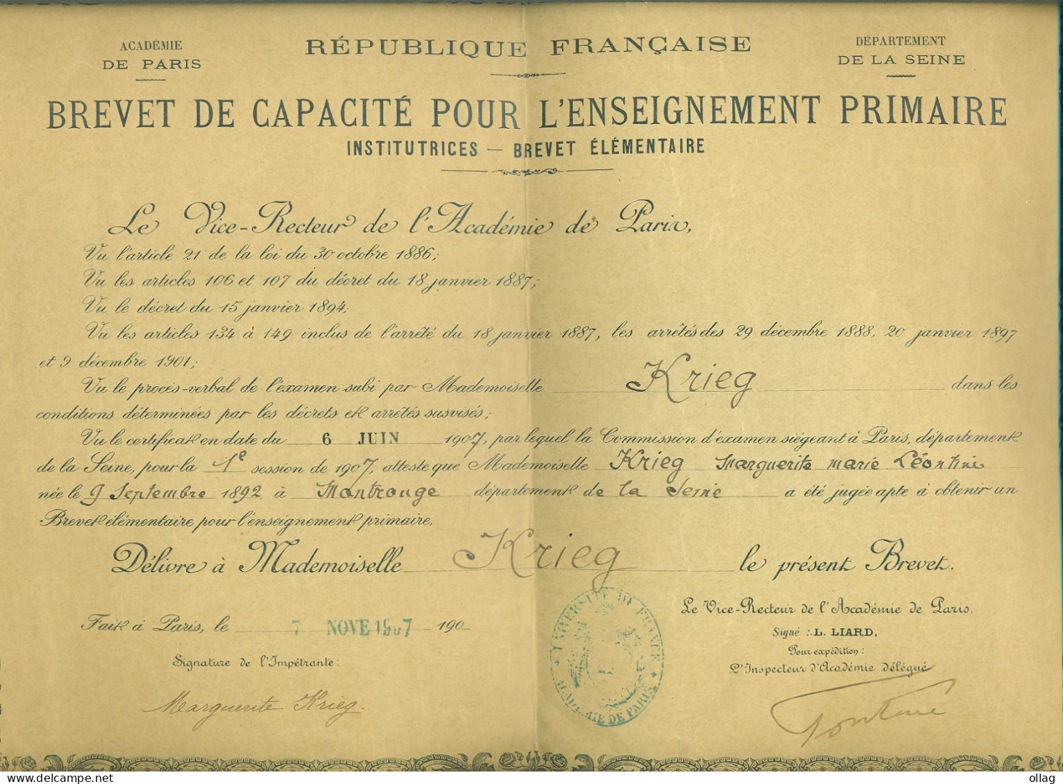 198 - BREVET DE CAPACITE POUR L4ENSEIGNMENT PRIMAIRFE PARIS 1907 - FORMAT  280 X 380 - Diplomi E Pagelle