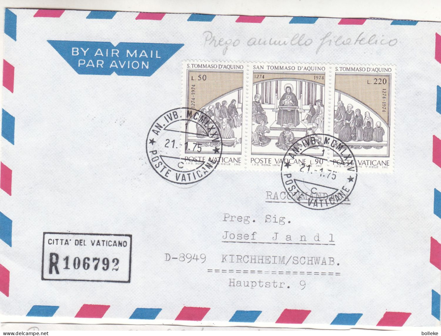 Vatican - Lettre Recom De 1975 - Oblit Poste Vaticane - Exp Vers Kirchheim - - Covers & Documents