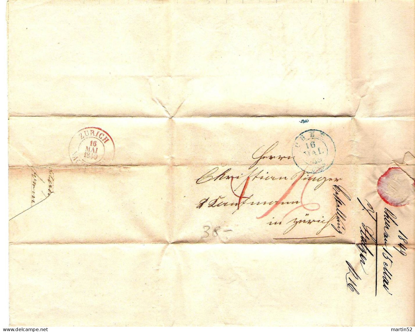 Schweiz Suisse 1849: Siegel-Faltbrief (offen) Von Chur Nach Zürich Mit Stempel CHUR 16 MAI 49 - ...-1845 Préphilatélie