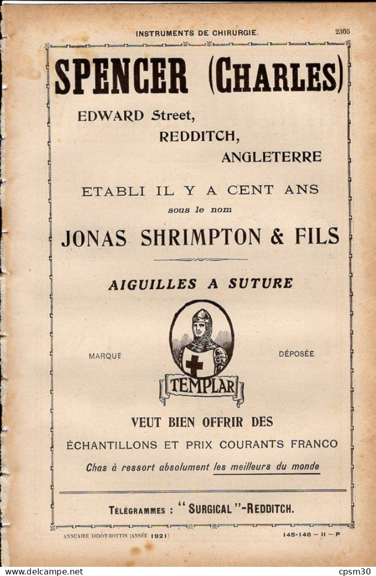 PUB 1921 - Chirurgie Aiguilles A Suture, Chas à Ressort Spencer Londre, Joint Automobile Aviation Fargère 42 St Etienne - Pubblicitari