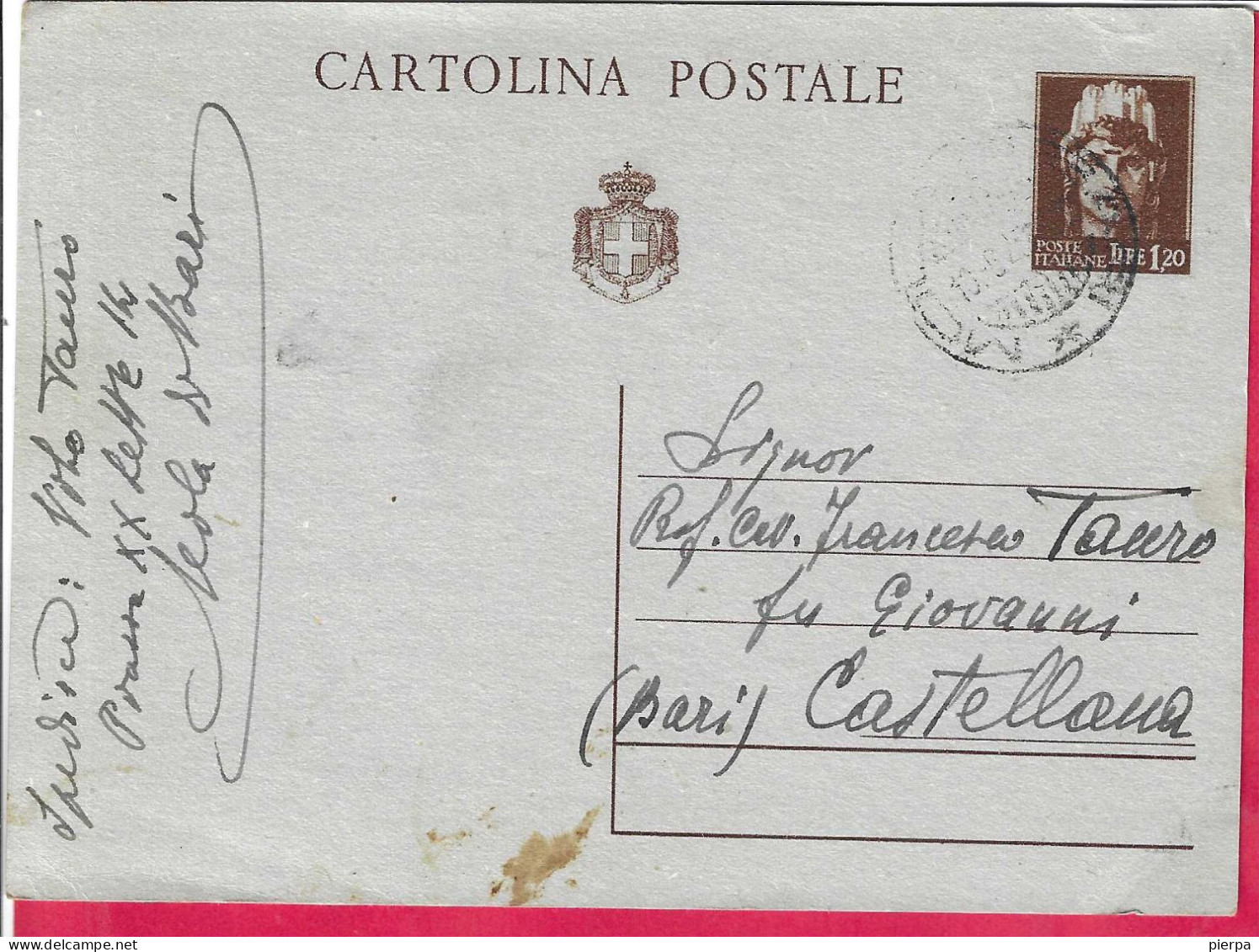 INTERO CARTOLINA POSTALE TURRITA LIRE 1,20 STEMMA (INT.117) DA MOLA DI BARI *10.9.45* PER CASTELLANA - Marcophilie