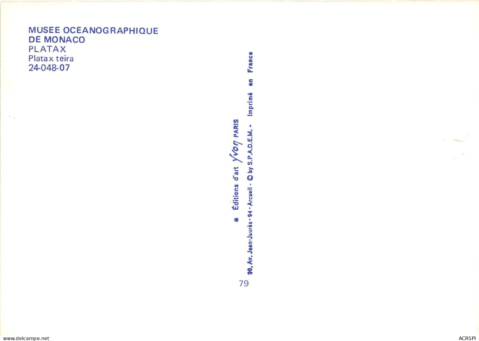 MUSEE OECEANOGRAPHIQUE DE MONACO Platax Teira 20(scan Recto-verso) MA287 - Musée Océanographique