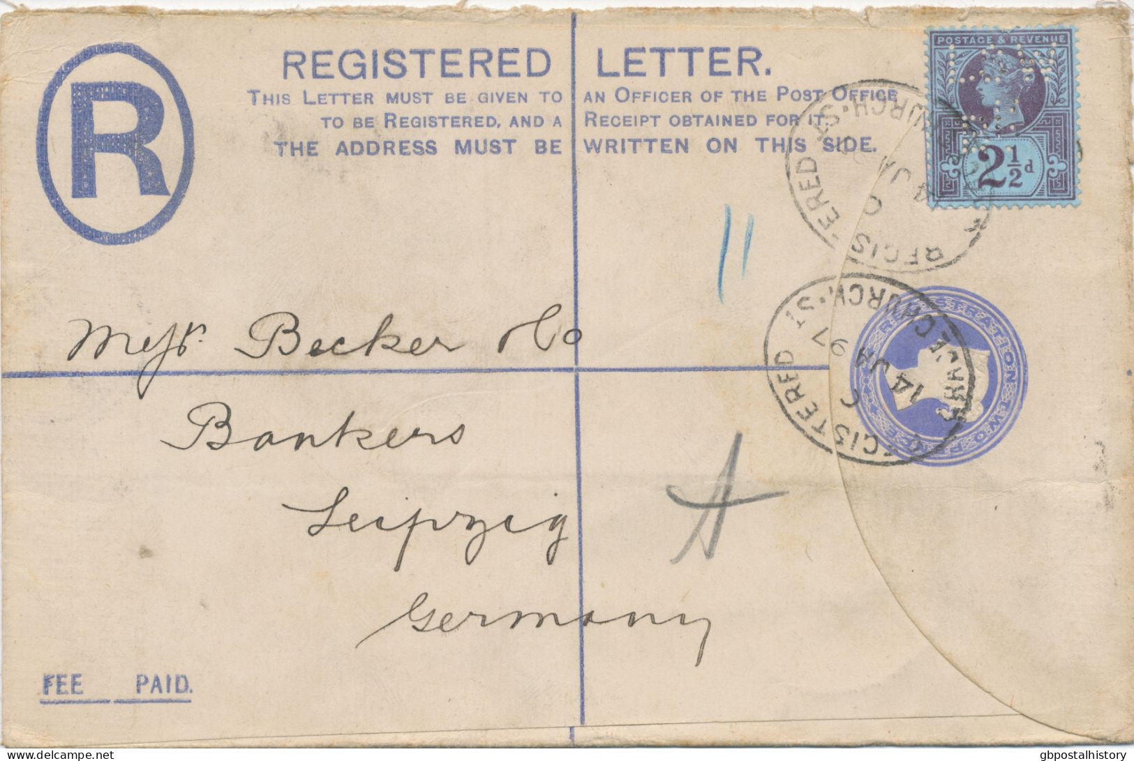 GB 14.1.1897, Very Fine QV 2d Postal Stationery Registered Envelope Uprated With QV Jubilee 2½d, Nice PERFIN „LOW / BK.“ - Briefe U. Dokumente